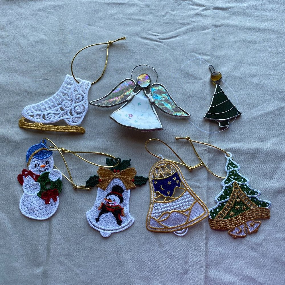 Lace and stained glass Christmas ornaments
